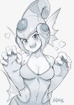  &lt;3 5_fingers a0mo6_(artist) amphibian amphibian_humanoid animal_humanoid bandai_namco big_hands breasts cleavage clothed clothing digimon digimon_(species) digimon_frontier ear_fins female fin fingers frog_humanoid gloves greyscale handwear happy hi_res humanoid looking_at_viewer marine marine_humanoid monochrome not_furry open_mouth ranamon solo swimwear 