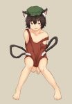  1girl animal_ear_fluff animal_ears barefoot brown_eyes brown_hair cat_ears cat_tail chagamaka chen eyebrows_hidden_by_hair full_body hat highres mob_cap multiple_tails nekomata red_tank_top short_hair solo strap_slip tail tank_top thick_eyebrows touhou two_tails 