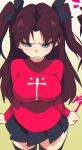  1girl aetherion black_skirt black_thighhighs blue_eyes breasts cowboy_shot fate/stay_night fate_(series) gradient gradient_background large_breasts long_sleeves miniskirt pleated_skirt red_sweater skirt solo sweater thighhighs tohsaka_rin white_background yellow_background zettai_ryouiki 