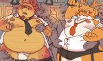  2022 anthro belly big_belly blush bulge clothing dragon eyewear glasses groping_from_behind group hi_res humanoid_hands jamiephut kemono male male/male mammal moob_grab moobs navel necktie nipples overweight overweight_male shirt suid suina sus_(pig) topwear ursid wild_boar 