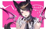  1boy animal_ears bangs black_hair blonde_hair border chinese_commentary collar colored_inner_hair commentary_request demon_wings eyeshadow fangs fingernails gloves hand_up highres kemonomimi_mode looking_at_viewer makeup male_focus metal_collar multicolored_hair nijisanji nijisanji_en open_mouth outside_border pink_background pink_hair portrait purple_eyes purple_hair qingyu red_eyeshadow sharp_fingernails short_hair_with_long_locks shu_yamino simple_background solo speech_bubble streaked_hair swept_bangs tail virtual_youtuber white_border white_gloves wings wolf_boy wolf_ears wolf_tail 