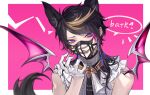  1boy animal_ears bangs black_hair blonde_hair border chinese_commentary collar colored_inner_hair commentary_request demon_wings eyeshadow fingernails gloves hand_up highres kemonomimi_mode looking_at_viewer makeup male_focus metal_collar multicolored_hair muzzle nijisanji nijisanji_en open_mouth outside_border pink_background pink_hair portrait purple_eyes purple_hair qingyu red_eyeshadow sharp_fingernails short_hair_with_long_locks shu_yamino simple_background solo speech_bubble streaked_hair swept_bangs tail virtual_youtuber white_border white_gloves wings wolf_boy wolf_ears wolf_tail 