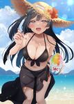  1girl :d absurdres beach bikini black_bikini black_hair black_sarong blue_sky blush bowl breasts cleavage cloud collarbone cup day disposable_cup dot_nose flower food glint grey_eyes hat hat_flower highres holding holding_bowl holding_cup holding_food incoming_food leaning_forward long_hair love_live! love_live!_nijigasaki_high_school_idol_club mountain navel ocean one_side_up open_mouth outdoors pukonuu sand sarong see-through_sarong shaved_ice sky smile solo spoon_straw straw_hat sun_hat sunlight swimsuit water yuuki_setsuna_(love_live!) 