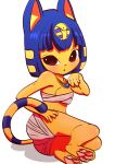 4_fingers 4_toes animal_crossing ankha_(animal_crossing) anthro blue_hair breasts butt claws clothing digital_media_(artwork) domestic_cat egyptian feet felid feline felis female fingers fur hair hi_res hindpaw hunnylilbunny jewelry lying mammal necklace nintendo on_side pawpads paws rear_view simple_background soles solo toes video_games yellow_body 