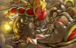  armor clenched_hands dinosaur dragon dragon_claw dragon_tail jaw kaosu_(kaosu0905) kommo-o monster no_humans open_mouth pokemon pokemon_(creature) red_eyes reptile scale_armor scales solo tail 
