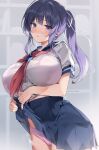  1girl bangs blue_sailor_collar blue_skirt blush bra bra_visible_through_clothes breasts cameltoe clothes_lift commentary_request grey_background hair_between_eyes highres karory large_breasts lifted_by_self long_hair midriff_peek navel open_mouth original panties ponytail purple_bra purple_eyes purple_hair purple_panties sailor_collar school_uniform serafuku shirt sidelocks skirt skirt_lift solo standing steaming_body underwear wet wet_clothes wet_panties white_shirt 