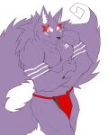  abs anthro bottomwear canid canine canis captainjohkid clothing fur fur_markings hi_res loincloth male mammal markings muscular muscular_anthro muscular_male nipples pecs purple_body purple_fur solo tattoo wolf 