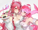  2girls armband bao_(vtuber) blush bow bowtie breasts cake cake_slice cherry choker cleavage cloud9 commentary creator_connection detached_sleeves dragon_girl dragon_horns dragon_tail dress english_commentary food fruit hair_between_eyes hair_bow happy_birthday holding horns indie_virtual_youtuber large_breasts long_hair looking_at_viewer maenoo multiple_girls multiple_horns parted_lips pink_eyes pink_hair plate ponytail red_eyes simple_background smile strapless strapless_dress strawberry tail teeth upper_body vienna_(vtuber) whale_girl 