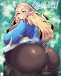  big_breasts big_butt blonde_hair blush breasts butt clothed clothing female hair hi_res huge_butt humanoid hylian looking_at_viewer looking_back looking_back_at_viewer nintendo not_furry princess_zelda rururu82010664 solo the_legend_of_zelda video_games 