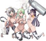  3girls animal_ears animal_print bangs barefoot bell bikini blunt_bangs blush bottle breasts ceres_fauna cleavage cow_ears cow_girl cow_horns cow_print highres hololive hololive_english horns large_breasts long_hair looking_at_viewer milk_bottle multicolored_hair multiple_girls navel neck_bell ninomae_ina&#039;nis open_mouth pointy_ears purple_hair shirogane_noel simple_background small_breasts swimsuit tail takodachi_(ninomae_ina&#039;nis) tentacle_hair thighhighs virtual_youtuber white_background zedd_(zedgawr) 