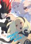  4girls bare_shoulders black_scarf blonde_hair breasts crow_(gravity_daze) dark-skinned_female dark_skin durga_angel gravity_daze gravity_daze_2 hairband highres kali_angel kitten_(gravity_daze) long_hair looking_at_viewer multiple_girls open_mouth red_eyes saitou_shunsuke scarf simple_background smile strapless white_background 