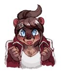 2019 5_fingers accessory alternate_species anthro aoi_asahina blue_eyes brown_body brown_fur brown_hair bust_portrait clothed clothing danganronpa digital_media_(artwork) eyebrows eyelashes female fingers front_view fur furrification hair hair_accessory hairclip looking_at_viewer low_res lutrine mammal maxpawb mustelid open_clothing open_mouth open_smile open_topwear ponytail portrait shirt simple_background smile solo topwear track_jacket tracksuit white_background 