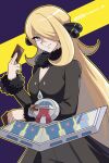  1girl blonde_hair breasts cleavage closed_mouth coat cynthia_(pokemon) duel_disk fur_trim grey_eyes hair_ornament hair_over_one_eye highres long_hair pokemon pokemon_(game) pokemon_dppt raijin-bh smile solo twitter_username very_long_hair yu-gi-oh! 