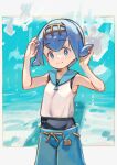  1girl absurdres adjusting_hair arms_up bangs black_swimsuit blue_background blue_hair blue_pants blue_sailor_collar blush bob_cut border bubble closed_mouth commentary cowboy_shot driftingtiger english_commentary flat_chest grey_border hairband happy highres lana_(pokemon) light_blush looking_at_viewer one-piece_swimsuit outside_border pants pokemon pokemon_(game) pokemon_sm sailor_collar shirt short_hair sidelocks sleeveless sleeveless_shirt smile solo standing swimsuit swimsuit_under_clothes white_shirt yellow_hairband 
