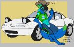  absurd_res anthro car clothing cowboy cowboy_hat english_text female hat headgear headwear hi_res machine milo_the_protogen nails offering_to_viewer protogen puzzle_manic question_mark screen screen_face simple_background solo text thick_thighs vehicle 