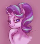  2020 blue_eyes buttersprinkle digital_media_(artwork) equid equine eyelashes female feral friendship_is_magic grin hair half-closed_eyes hasbro hi_res horn mammal my_little_pony narrowed_eyes pink_body purple_hair simple_background smile solo starlight_glimmer_(mlp) unicorn unicorn_horn 