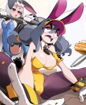  2girls absurdres animal_ears bongfill breasts cake cleavage crying crying_with_eyes_open fake_animal_ears food gloves grey_hair hair_between_eyes highres large_breasts leg_up looking_at_another medium_breasts multiple_girls original plate playboy_bunny purple_eyes tears teeth weapon white_gloves wrist_cuffs 