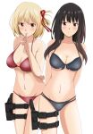  2girls absurdres arm_behind_back arms_behind_back bikini black_hair blonde_hair blue_bikini blush breasts cleavage closed_mouth cowboy_shot finger_to_mouth gun hand_up handgun highres holster index_finger_raised inoue_takina layered_bikini legs long_hair looking_at_viewer lycoris_recoil medium_breasts multiple_girls navel nishikigi_chisato one_side_up purple_eyes red_bikini red_eyes short_hair shushing simple_background smile stomach swimsuit tetsuado thigh_holster thighs underboob weapon white_background 