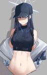  1girl baseball_cap black_hair black_headwear black_shirt blue_archive blue_eyes breasts crop_top gaitoou halo hat highres jacket long_hair medium_breasts midriff navel off_shoulder open_clothes open_jacket saori_(blue_archive) shirt simple_background sleeveless sleeveless_shirt snap-fit_buckle upper_body white_jacket 