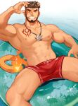  abs alca_(wakatanka4) animal_ears bara gyee hidora_art highres jewelry large_pectorals lion_boy lion_ears lion_tail male_swimwear muscular muscular_male navel necklace nipples pectorals red_male_swimwear tail topless_male 