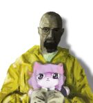  2022 accessory anthro bald beard black_clothing black_dress bow_ribbon breaking_bad clothed clothing domestic_cat dress duo eyewear facial_hair felid feline felis female fur glasses hair hair_accessory hair_bow hair_ribbon hazmat_suit holding_person human looking_at_viewer male mammal masyunya_(vkontakte) multicolored_body multicolored_fur purple_body purple_eyes purple_fur purple_hair purple_nose ribbons signature simple_background smile thermonuclear_luk vkontakte walter_white white_body white_fur 