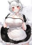  1girl absurdres alternate_costume animal_ear_fluff animal_ears apron black_dress blush breasts cleavage collar commentary cowboy_shot detached_collar dress enmaided frilled_apron frilled_dress frills gloves hands_on_own_breasts highres inubashiri_momiji large_breasts looking_at_viewer lying maid maid_apron on_back on_bed open_mouth puffy_sleeves red_eyes short_hair short_sleeves solo tail take_(take143000) touhou white_apron white_collar white_gloves white_hair wolf_ears wolf_girl wolf_tail 