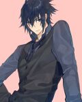  1boy black_hair black_necktie blue_eyes collared_shirt dress_shirt final_fantasy final_fantasy_xv formal grey_shirt hair_between_eyes hand_on_hip highres looking_to_the_side male_focus necktie nini_tw99 noctis_lucis_caelum pink_background shirt short_hair smile solo spiked_hair upper_body waistcoat 