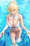  1girl ahoge artoria_pendragon_(fate) artoria_pendragon_(swimsuit_ruler)_(fate) bangs bare_shoulders blonde_hair blush braid breasts cleavage_cutout clothing_cutout fate/grand_order fate_(series) green_eyes grin hair_between_eyes hair_bun hat highleg highleg_swimsuit highres large_breasts long_hair looking_at_viewer one-piece_swimsuit ponytail pool poolside sidelocks smile solo sun_hat swimsuit thighs wet white_headwear white_swimsuit yamaneko_(tkdrumsco) 