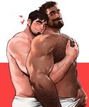  2boys abs arm_hair bara beard black_eyes black_hair blush closed_eyes couple dopey_(dopq) facial_hair feet_out_of_frame grabbing hairy heart highres large_pectorals looking_at_another male_focus manly mature_male multiple_boys muscular muscular_male original pectoral_grab pectorals red_background simple_background smile thick_arms thick_eyebrows towel towel_around_waist undercut upper_body white_background yaoi 