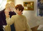  2boys ange_yuki blonde_hair blurry blurry_background book bulletin_board chair closed_eyes facing_another guiltia_brion hand_on_another&#039;s_head imminent_kiss indoors leaning_forward lens_flare long_sleeves male_focus multiple_boys open_book short_hair sitting sweater veins visual_prison window yakyou22 yaoi 