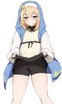  1boy bike_shorts black_shorts blonde_hair blue_eyes blush bridget_(guilty_gear) closed_mouth guilty_gear guilty_gear_strive lifted_by_self long_sleeves looking_down male_focus nun otoko_no_ko short_hair shorts simple_background smile solo standing tera_zip white_background 