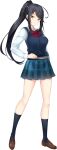  1girl artwhirl_mahou_gakuen_no_otome-tachi bangs black_hair black_socks black_sweater blue_skirt bow bowtie brown_footwear closed_mouth collared_shirt full_body high_ponytail highres kneehighs len_(artwhirl) loafers long_hair looking_at_viewer miniskirt plaid plaid_skirt pleated_skirt red_bow red_bowtie red_eyes school_uniform shiny shiny_hair shirt shoes skirt smile socks solo standing sweater sweater_vest swept_bangs tachi-e transparent_background very_long_hair white_shirt wing_collar zinno 