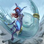  alien big_breasts blizzard_entertainment blue_body breasts clothing digitigrade draenei female hair hi_res hooves horn humanoid humanoid_pointy_ears navel nighthelg nipple_outline nipples red_hair solo translucent translucent_clothing video_games warcraft wet wet_clothing wide_hips 