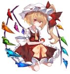  1girl apple ascot blonde_hair collared_shirt flandre_scarlet food frilled_shirt_collar frilled_skirt frilled_sleeves frills fruit hat hat_ribbon kotatu_(akaki01aoki00) looking_at_viewer mob_cap puffy_short_sleeves puffy_sleeves red_eyes red_ribbon red_skirt red_vest ribbon shirt short_hair short_sleeves simple_background skirt solo touhou vest white_background white_headwear white_shirt wings wrist_cuffs yellow_ascot 