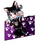  1girl animal_ears arakiinochi bangs belt black_belt black_dress black_hair black_nails blue_hair blue_thighhighs blush cat_ears cat_tail commentary_request demon_girl demon_horns dress eye_hair_ornament eye_of_providence fang flat_chest full_body grey_thighhighs highres horns kemonomimi_mode looking_at_viewer multicolored_hair official_alternate_costume open_mouth paw_pose paw_print pointy_ears red_eyes shishio_chris short_hair short_sleeves single_thighhigh smile solo striped striped_thighhighs sugar_lyric tail thighhighs two-tone_hair virtual_youtuber white_background wristband 