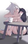  1girl animal_ears barefoot black_shirt black_shorts blue_eyes breasts coffee_mug cup hair_between_eyes highres indie_virtual_youtuber kemomimi_refle! large_breasts looking_to_the_side mug pallad ronomiya_hinagiku shirt shorts sitting solo t-shirt table virtual_youtuber 