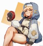  1boy androgyne_symbol arm_support bare_legs bike_shorts black_gloves black_ribbon blonde_hair blue_eyes blue_jacket blush bridget_(guilty_gear) closed_mouth cross crossed_legs english_commentary fingerless_gloves gloves guilty_gear guilty_gear_strive habit half-closed_eyes highres hood hood_up hoodie invisible_chair jacket long_sleeves looking_at_viewer male_focus medium_hair otoko_no_ko pleated_skirt ribbon simple_background sitting skirt sky_guy_art smile smug yo-yo 