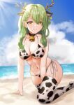  1girl absurdres animal_ears animal_print antlers beach bell between_legs bikini black_choker blue_sky branch breasts ceres_fauna choker closed_mouth cloud cow_ears cow_print cowbell day dot_nose ear_piercing ear_tag foot_out_of_frame green_hair hand_between_legs highres hololive hololive_english kneeling large_breasts leaf long_hair looking_at_viewer mayushuuu mole mole_under_eye navel neck_bell outdoors piercing print_bikini print_legwear sand side-tie_bikini skindentation sky smile solo stomach sunlight swimsuit thighhighs virtual_youtuber wavy_hair wet yellow_eyes 