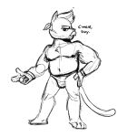  anthro clothing felid final_space fur general_cataloupe hair hi_res looking_at_viewer male mammal mature_anthro mature_male monochrome musclegut muscular muscular_male pecs ponytail raised_tail sketch solo speedo swimwear tempus_felis text ventrexian 