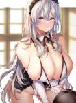  1girl angry azur_lane bangs bare_shoulders blush bow breasts cleavage detached_collar effort_star elbow_gloves enterprise_(azur_lane) frills gloves hair_between_eyes highres huge_breasts long_hair looking_at_viewer maid maid_headdress one-piece_swimsuit purple_eyes solo swimsuit thick_thighs thighhighs thighs very_long_hair 