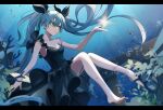  1girl bangs bare_arms bare_legs barefoot black_border black_bow black_dress blue_eyes blue_hair border bow breasts bubble collarbone dress floating_hair hair_between_eyes hair_bow hatsune_miku highres layered_dress letterboxed long_dress long_hair miyanami_3 parted_lips shinkai_shoujo_(vocaloid) sleeveless sleeveless_dress small_breasts solo strap_slip twintails underwater very_long_hair vocaloid 