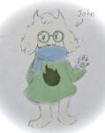  4_fingers 4_toes anthro barefoot blue_pawpads blue_paws blue_scarf bottomless bovid caprine clothed clothing deltarune dot_eyes eyewear fan_character fangs feet fingers floppy_ears fluffy fluffy_ears fur gesture glasses goat graphite_(artwork) green_clothing green_eyewear green_glasses hand_behind_back head_tuft hindpaw horn humanoid john_(deltarune) male mammal neckwear nervous nervous_smile no_shoes pawpads paws pencil_(artwork) robe round_glasses scarf short shy simple_background sketch smile solo standing toes traditional_media_(artwork) tuft tunic undertale_(series) video_games waving waving_at_viewer wdkinc white_background white_body white_fur 