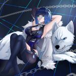  1girl absurdres anfiland aqua_eyes armpits arms_behind_head arms_up bangs blue_hair breasts chain cleavage feet_out_of_frame genshin_impact highres knees_up large_breasts short_hair sleeveless solo thighs wolf yelan_(genshin_impact) 