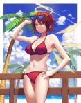  1girl absurdres arknights arm_up bare_arms bare_shoulders bikini blue_sky breasts cleavage cloud commentary_request cowboy_shot day exusiai_(arknights) eyewear_on_head halo hand_on_hip highres iyuki_chi looking_at_viewer medium_breasts navel outdoors palm_tree partial_commentary railing red_bikini red_eyes red_hair short_hair sky solo standing stomach sunglasses swimsuit thighs tree 