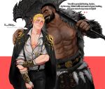  2boys abs axe bara beard black_hair blonde_hair blue_eyes blush closed_eyes coat collared_shirt couple dark-skinned_male dark_skin denim dopey_(dopq) english_text facial_hair feet_out_of_frame gauntlets hairy heart highres hug jeans jewelry large_pectorals leather leather_skirt looking_at_another male_focus manly mature_male multiple_boys necklace nipples no_shirt open_clothes open_coat open_mouth original pants partially_unbuttoned pectoral_cleavage pectorals red_background scar scar_on_face scar_on_stomach shirt short_hair shoulder_pads simple_background skirt teeth undercut warrior white_background yaoi 