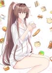 1girl alternate_costume bagel bangs blunt_bangs bread brown_eyes brown_hair cherry_blossoms commentary_request cup feet_out_of_frame food kantai_collection long_hair looking_at_viewer mug nuko_(phylactery) pajamas ponytail sandwich scrunchie shorts solo teapot white_background white_pajamas white_shorts yamato_(kancolle) 