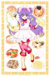  1girl 39cva animalization apron bangs bell bird border breasts chicken chinese_clothes curry double_bun flats floral_print food fried_rice frilled_apron frills full_body hair_bell hair_between_eyes hair_bun hair_ornament highres knees_together_feet_apart long_hair long_sleeves looking_at_viewer maid_headdress medium_breasts mousse_(ranma_1/2) noodles pants pink_pants pink_shirt plate purple_hair ramen ranma_1/2 red_eyes red_footwear shampoo_(ranma_1/2) shirt sidelocks smile spoon sweatdrop tongue tongue_out white_apron white_background 
