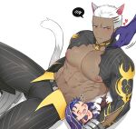  2boys abs alternate_costume animal_ears archer_(fate) archer_alter_(fate) archernuna bara bell biceps blush cat_ears cat_tail chest_tattoo chibi closed_eyes coat collar cu_chulainn_(fate) cu_chulainn_alter_(fate) facial_tattoo fate/grand_order fate_(series) heart highres large_pectorals leather leather_pants looking_to_the_side lying male_focus manly mature_male multiple_boys muscular muscular_male neck_bell nipples no_shirt on_back pants pectorals shoes short_hair sleeping sweat sweatdrop tail tattoo tight white_hair yellow_eyes 