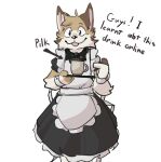  2022 anthro apron beverage blep bow_tie clothed clothing container crossgender cup dialogue directional_arrow domestic_cat dress english_text felid feline felis front_view fur gesture girly holding_object looking_at_viewer maid_uniform male mammal meme offering_to_viewer pilk plate pointing pop2hotzz simple_background smile solo standing talking_to_viewer tea_cup text tongue tongue_out tuft uniform white_background 