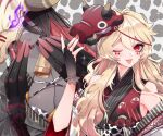  1boy 1girl absurdres androgynous bishounen black_gloves black_hair blinking blonde_hair breasts cleavage closed_eyes colored_inner_hair cross dark-skinned_female dark_skin detached_sleeves facial_mark girly_boy glint gloves hair_between_eyes hannya hannya_(onmyoji) highres japanese_clothes jewelry lace lace_gloves large_breasts light_particles long_hair long_sleeves mask mask_on_head moto_mitsuashi multicolored_hair onmyoji otoko_no_ko red_eyes red_hair red_nails ring sparkle tongue tongue_out two-tone_hair upper_body vengeful_hannya_(onmyoji) wide_sleeves 